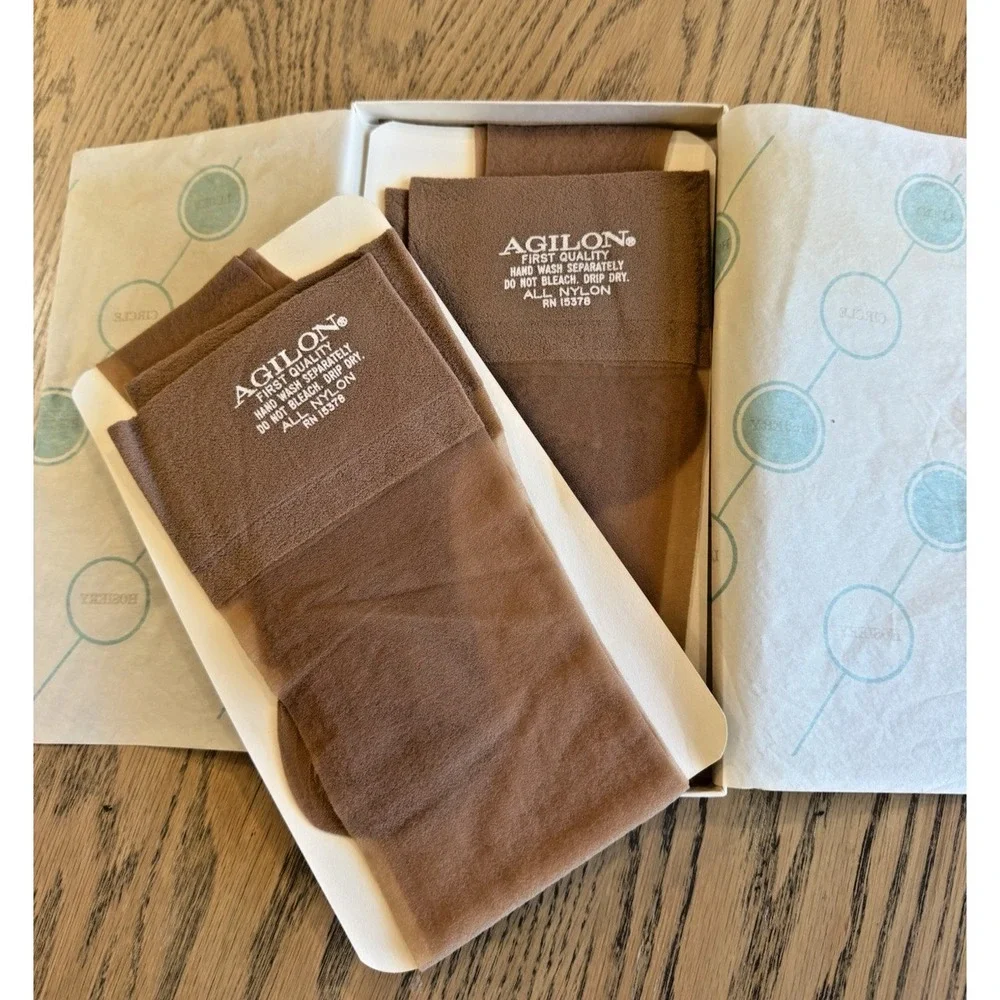 Vintage Lucky Circle Nylon Stockings 2 Pair NOS Nude Sheer Thigh High Hosiery
